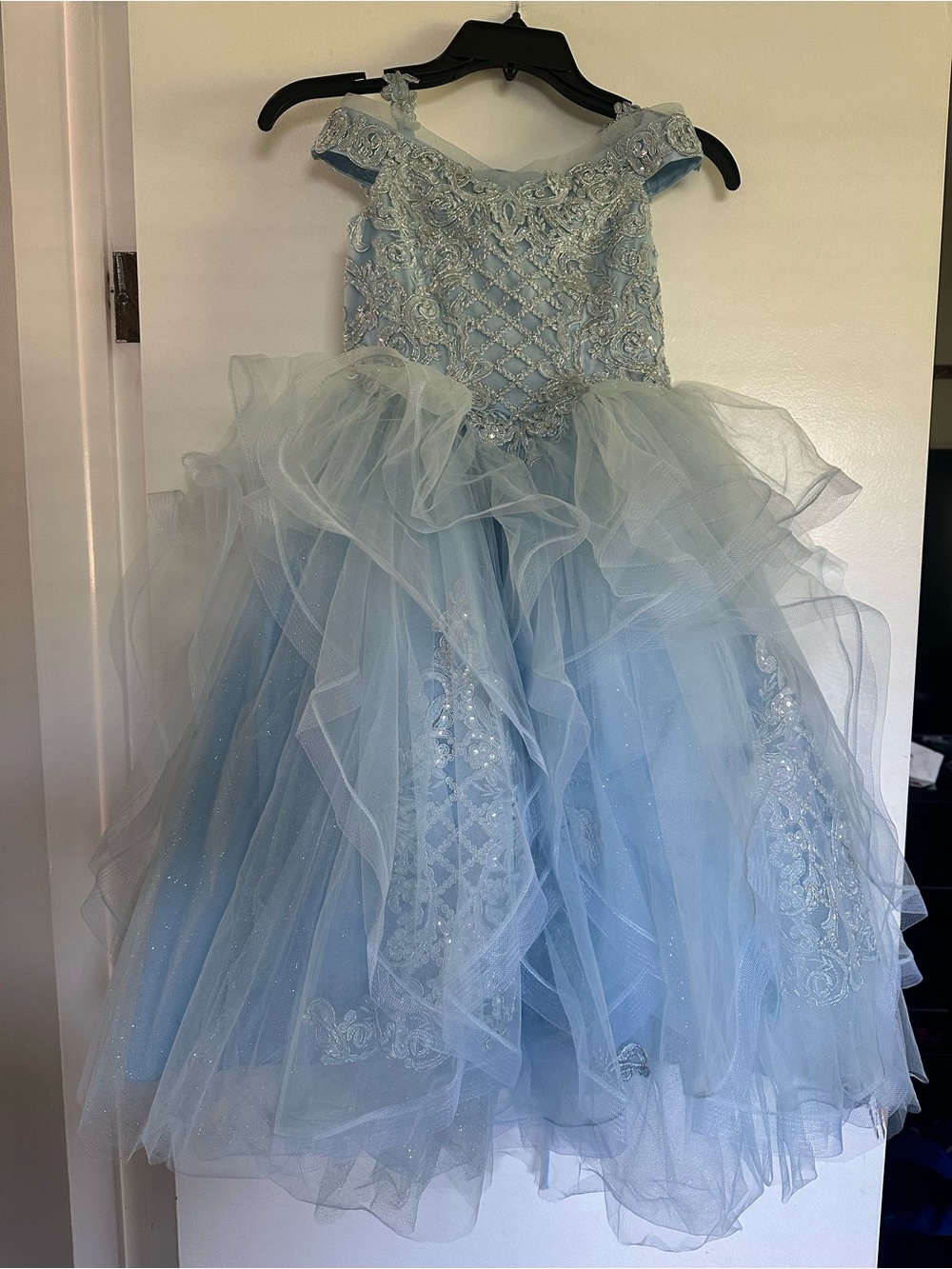 Light Blue Girls' Tulle Party Dress with Embroidered Bodice